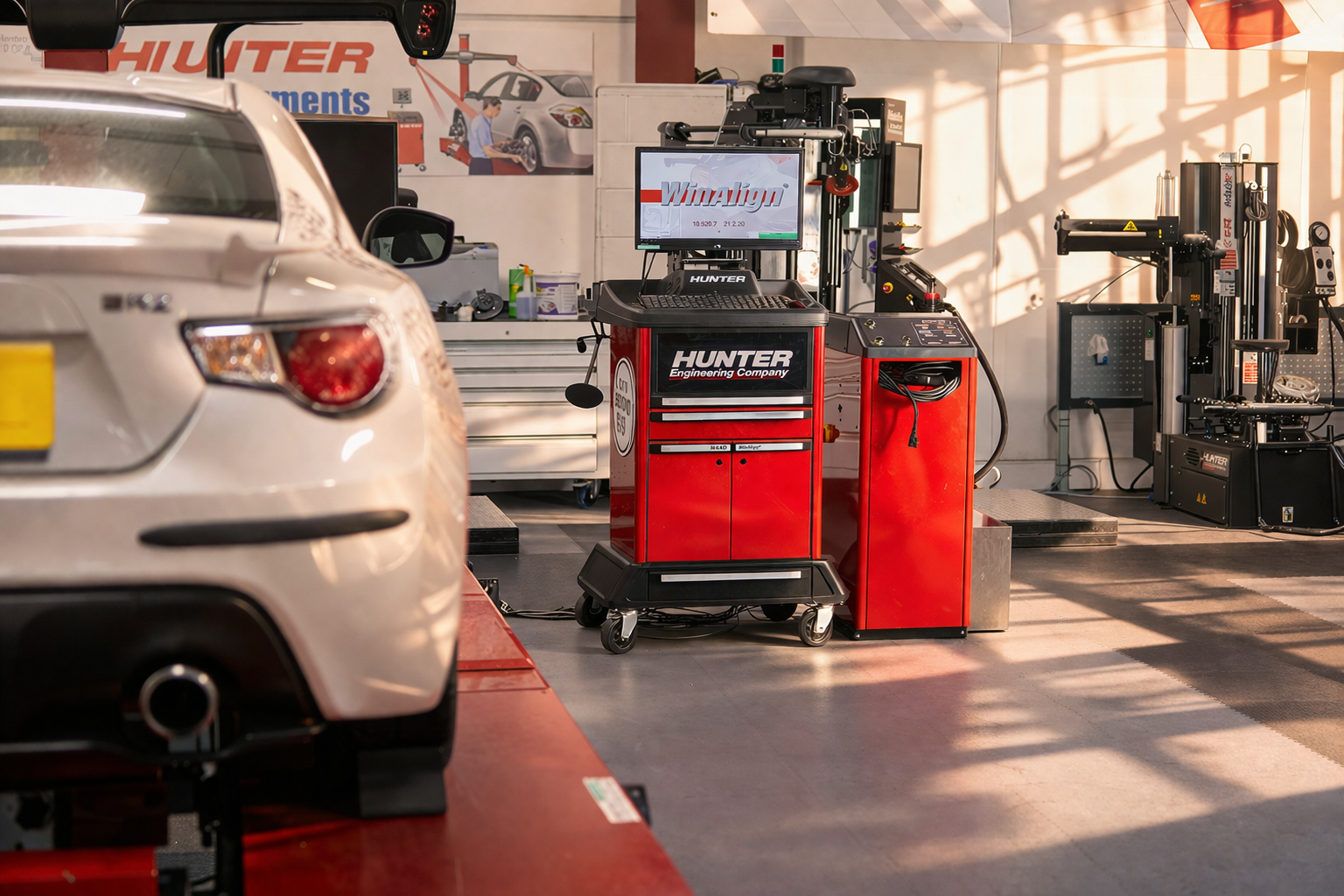Technician using professional wheel alignment diagnostic software and console next to a vehicle on a lift